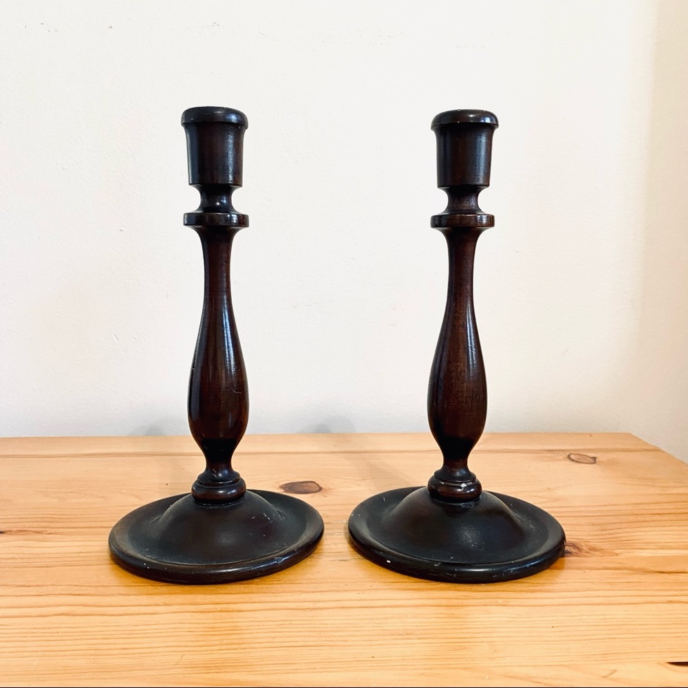 Antique 1930s Dark Wood Candlesticks Holders Handmade Classic Traditional